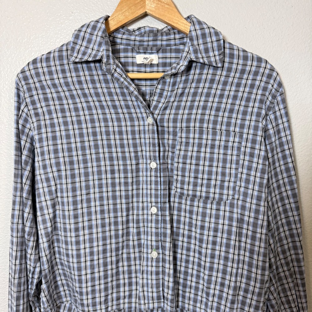 Aerie Plaid Cropped Button Up‎ Shirt Womens XS Blue Grey Long Sleeve Casual - Picture 8 of 8